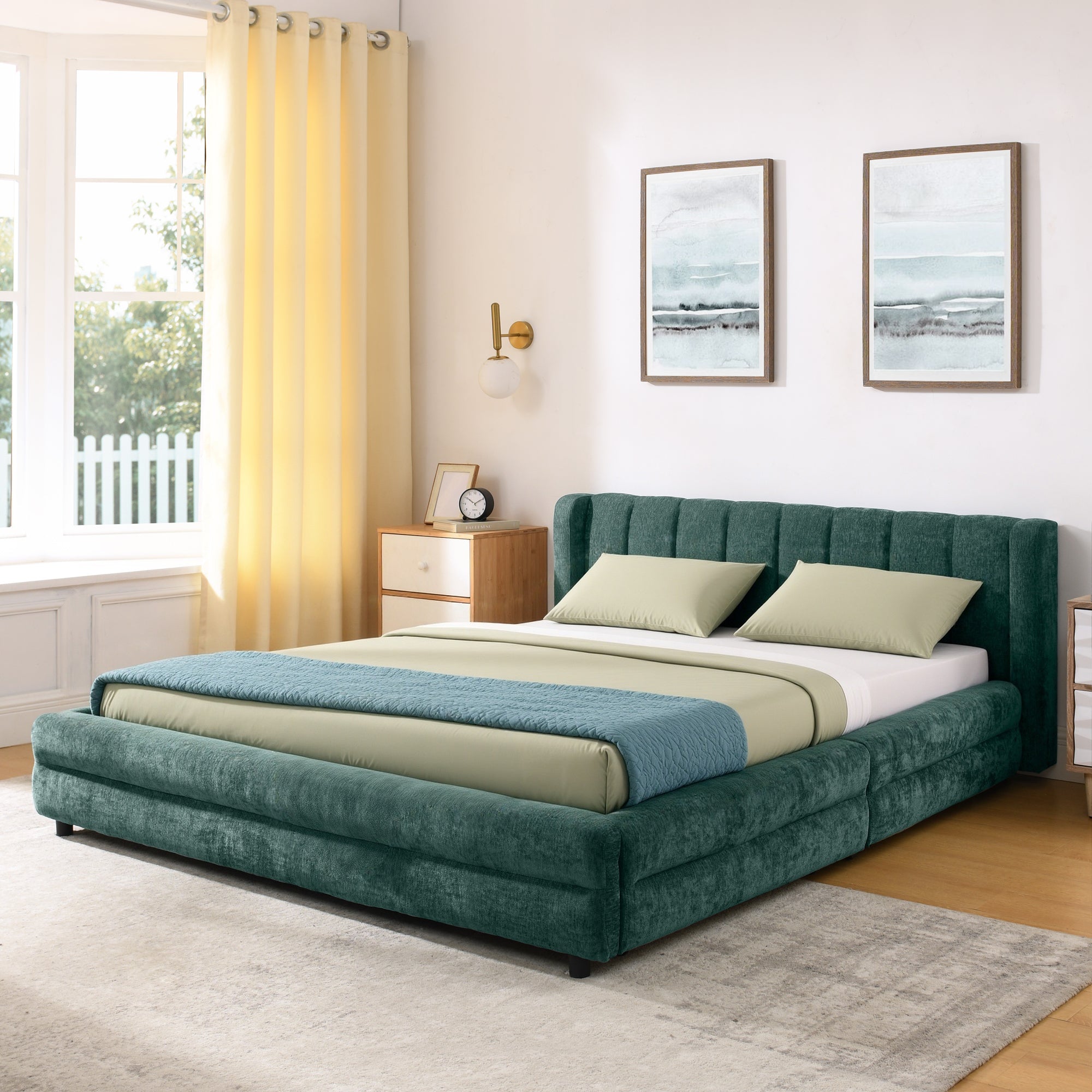 Cadre de lit rembourré en chenille, format queen, avec tiroirs 