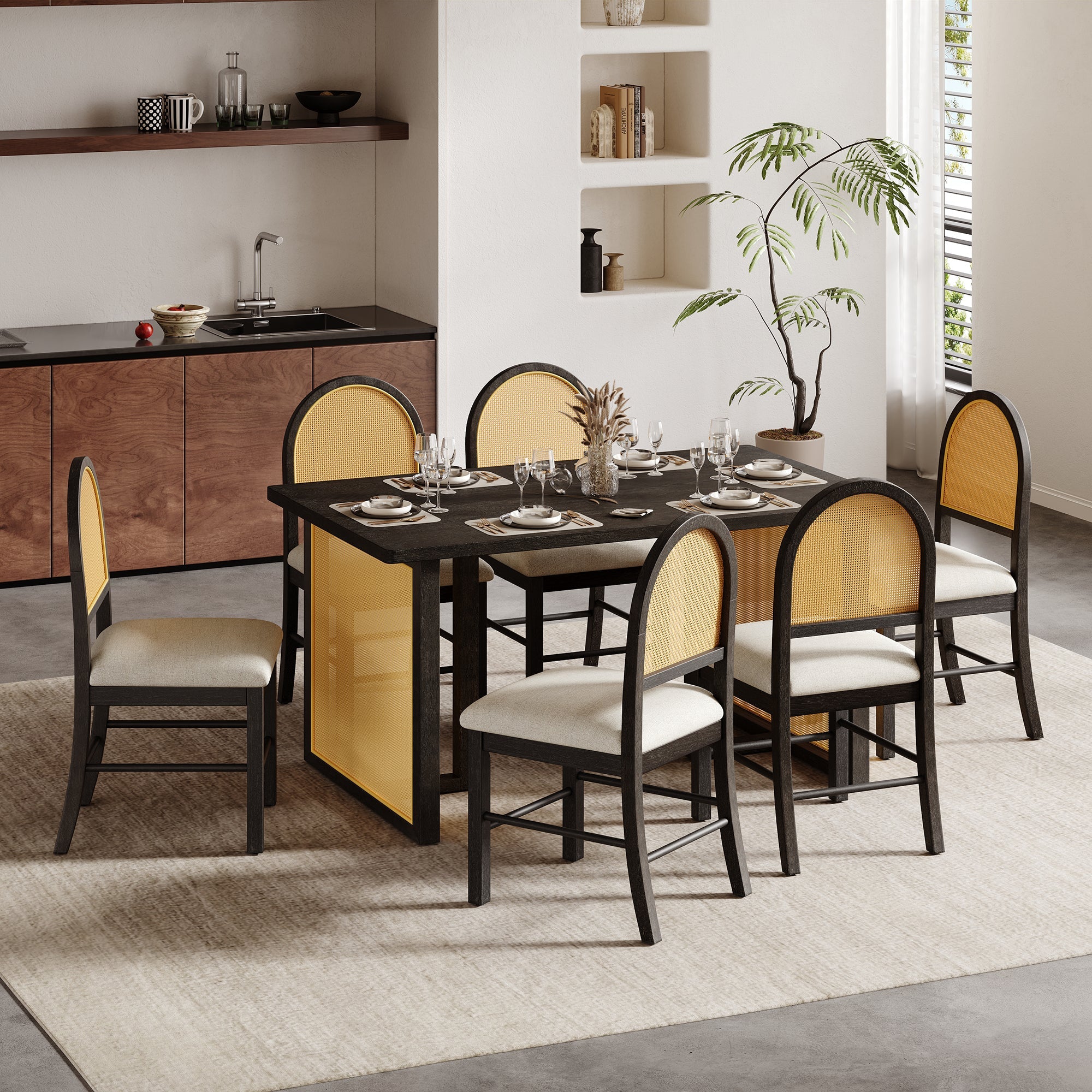 Ensemble de table et chaises de style campagnard en rotin bohème 7 pièces pour 6 personnes