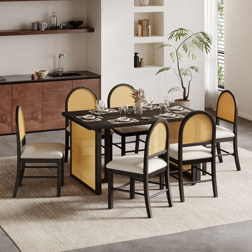 Ensemble de table et chaises de style campagnard en rotin bohème 7 pièces pour 6 personnes