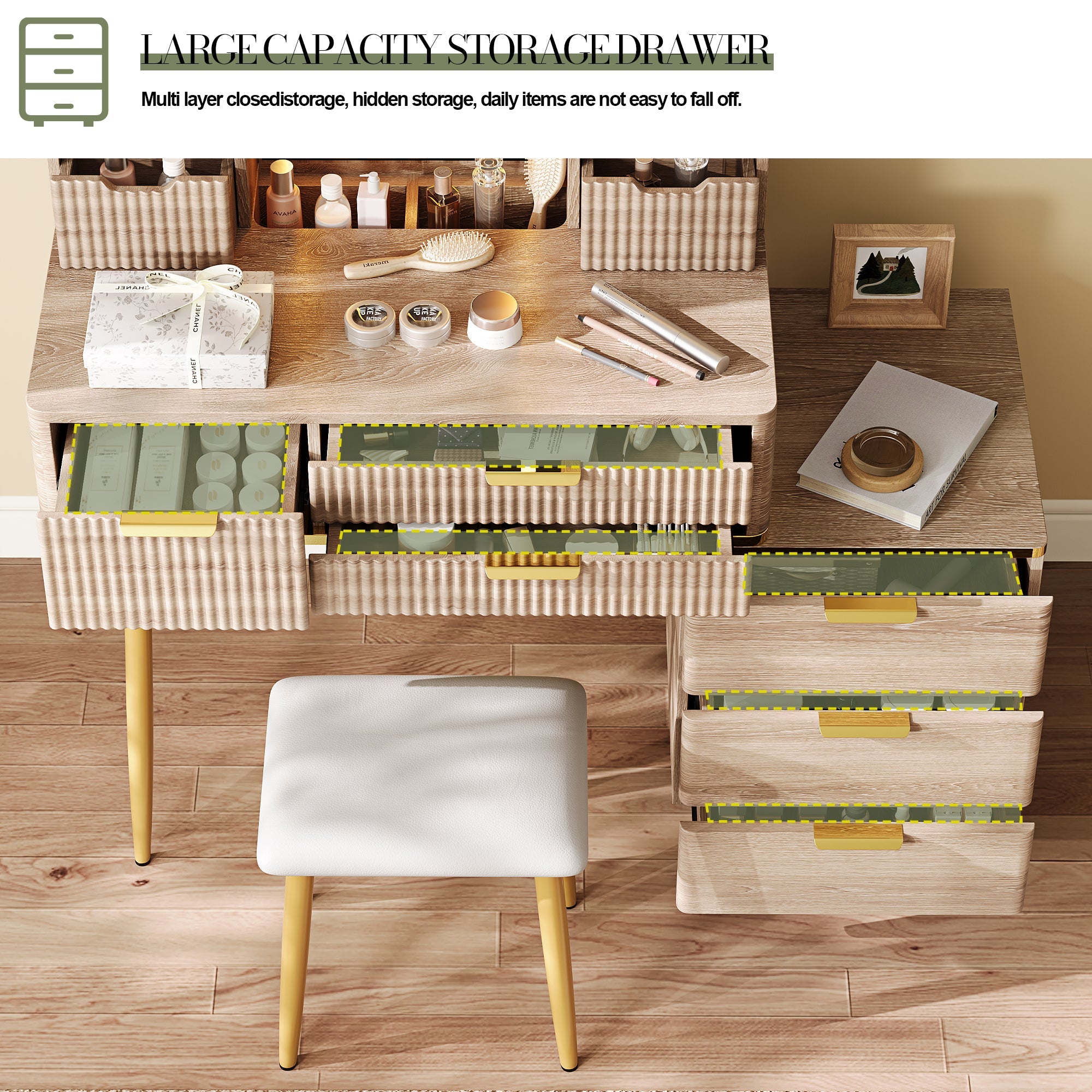 Coiffeuse moderne cannelée avec miroir LED et tabouret