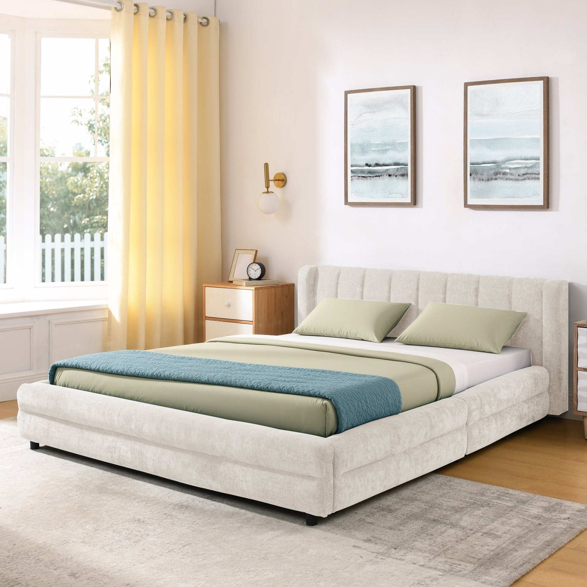 Cadre de lit rembourré en chenille, format queen, avec tiroirs 