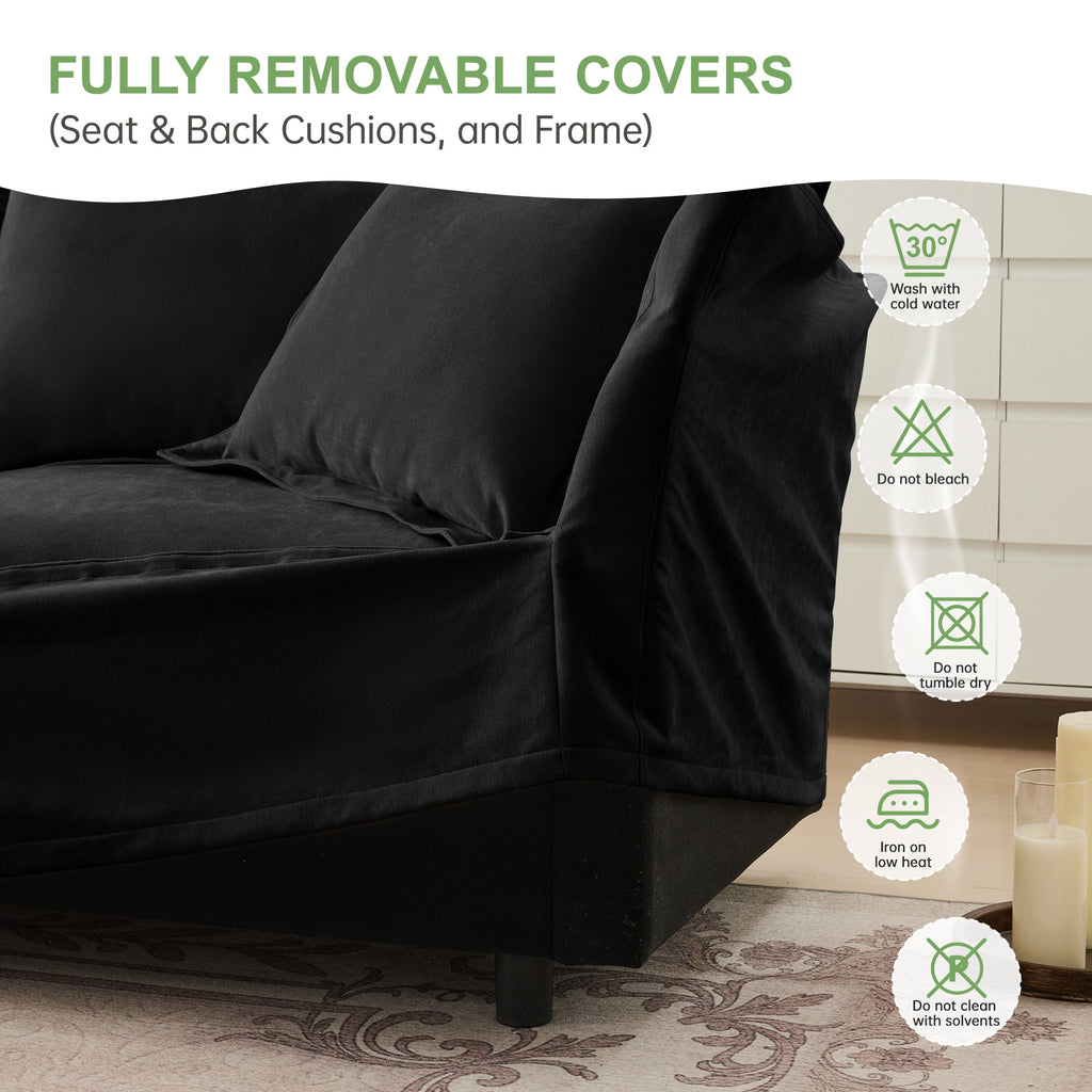 Walker Edison | Canapé deux places noir à assise large et profonde, déhoussable, avec pouf 