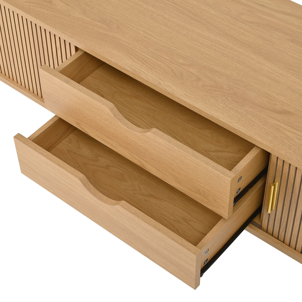 Ensemble de meuble TV et table basse ovales en teck cannelé, design incurvé, 3 pièces, pour téléviseurs jusqu'à 80 pouces. 