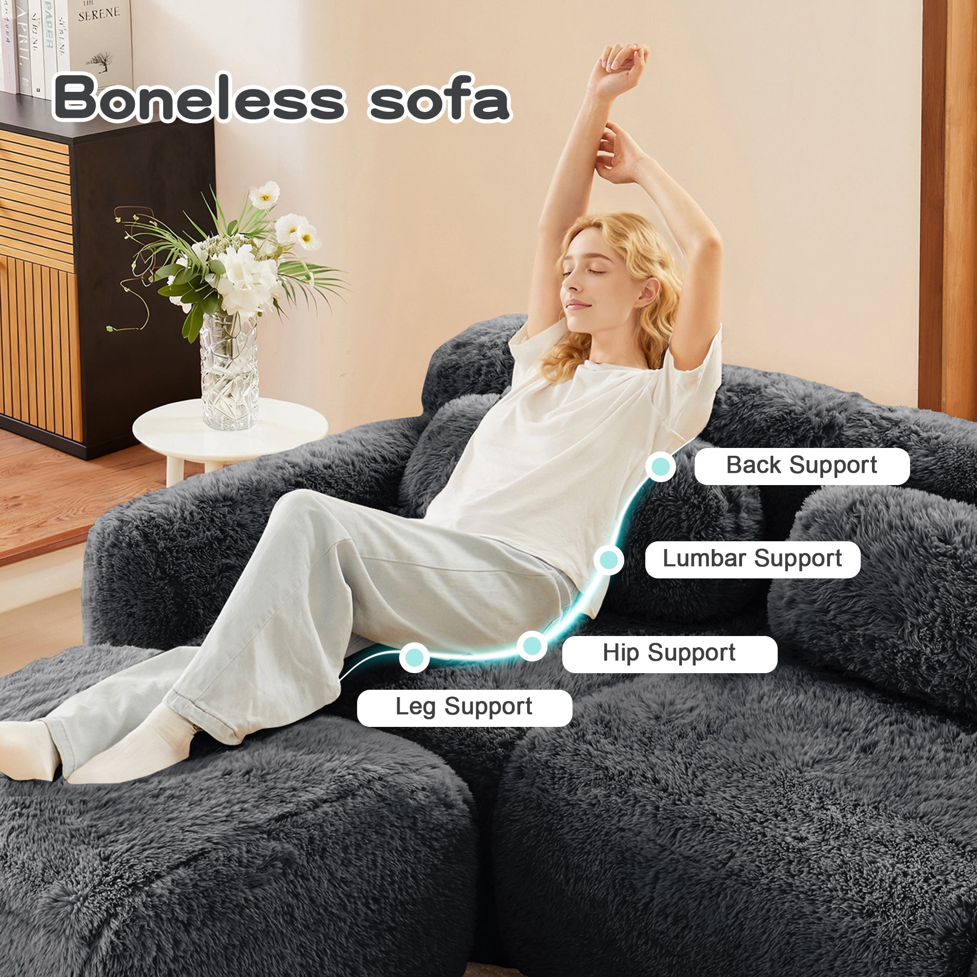 Canapé d'angle deux places ergonomique en peluche douce avec pouf