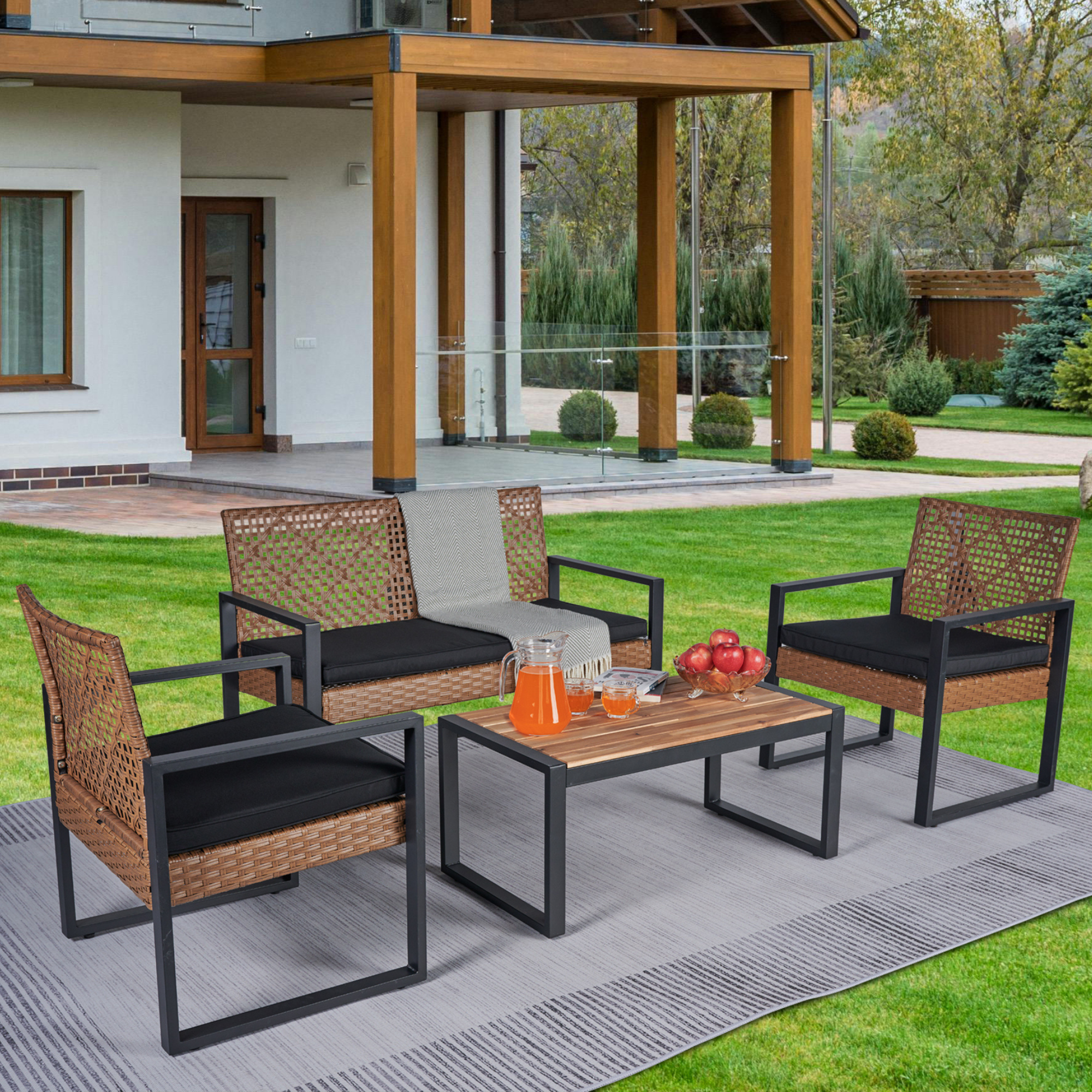 Walker Edison | Ensemble de mobilier de patio extérieur en osier 4 pièces
