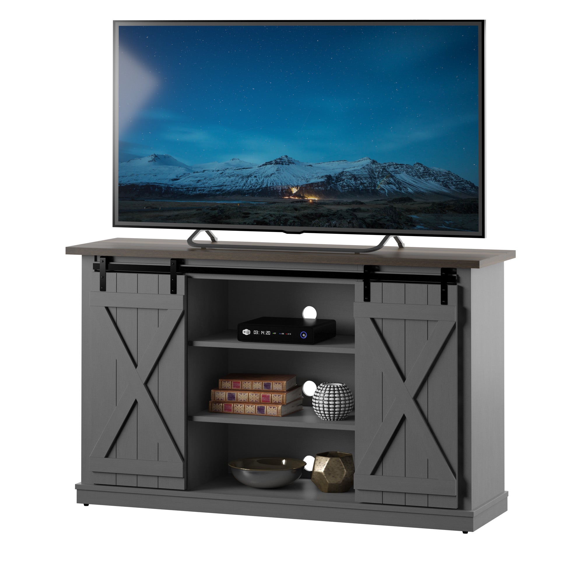 Portes coulissantes de style grange, meuble TV en peuplier de 137 cm, console multimédia