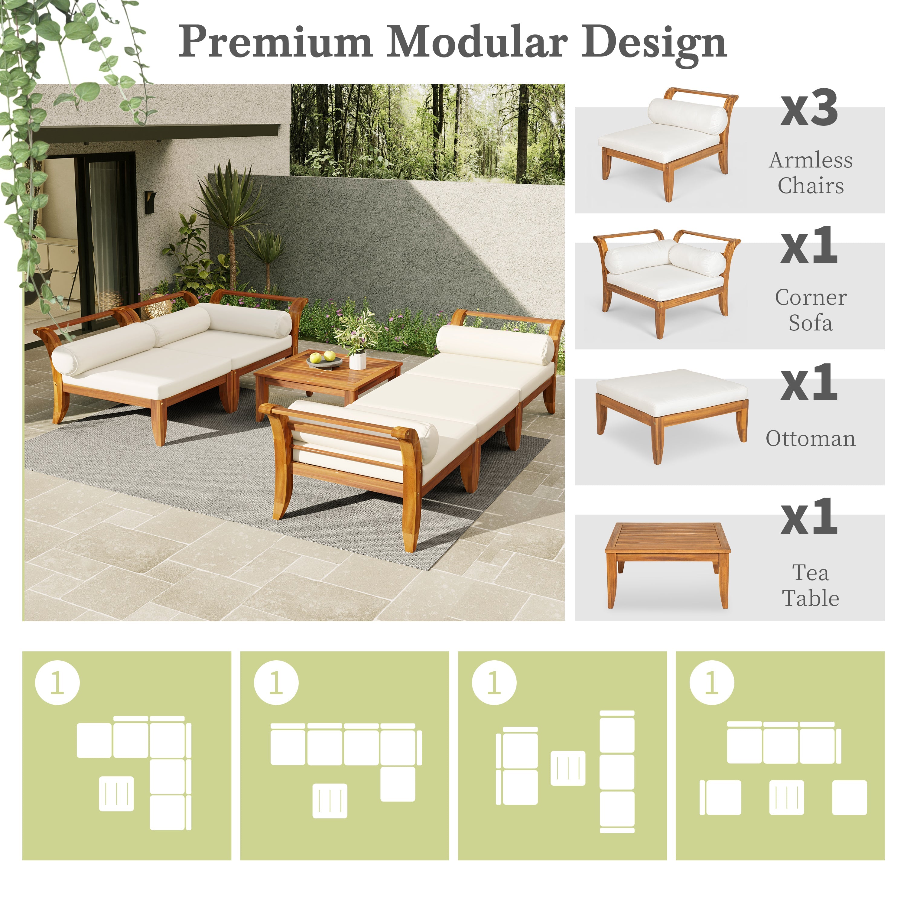 Ensemble de canapés d'angle modulaires d'extérieur 6 pièces en bois d'acacia Walker Edison 
