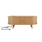 Ensemble de meuble TV et table basse ovales en teck cannelé, design incurvé, 3 pièces, pour téléviseurs jusqu'à 80 pouces. 