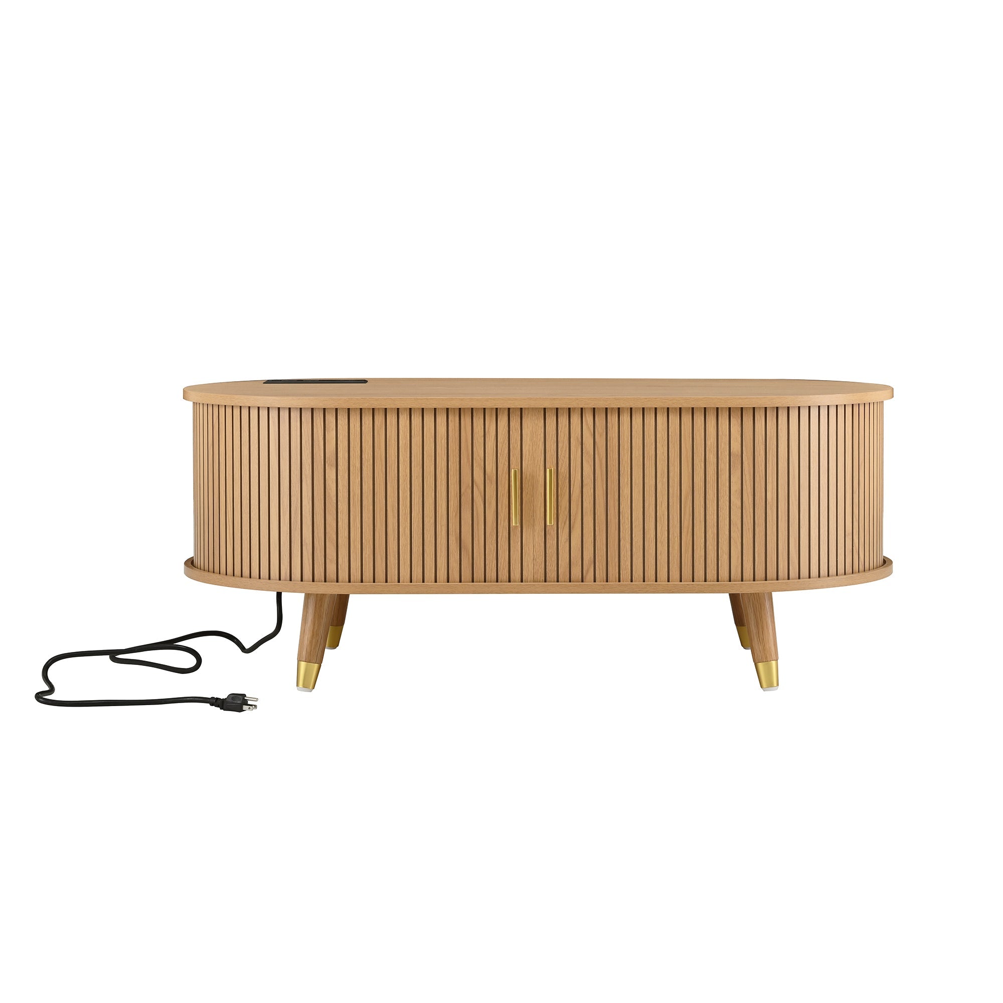 Ensemble de meuble TV et table basse ovales en teck cannelé, design incurvé, 3 pièces, pour téléviseurs jusqu'à 80 pouces. 