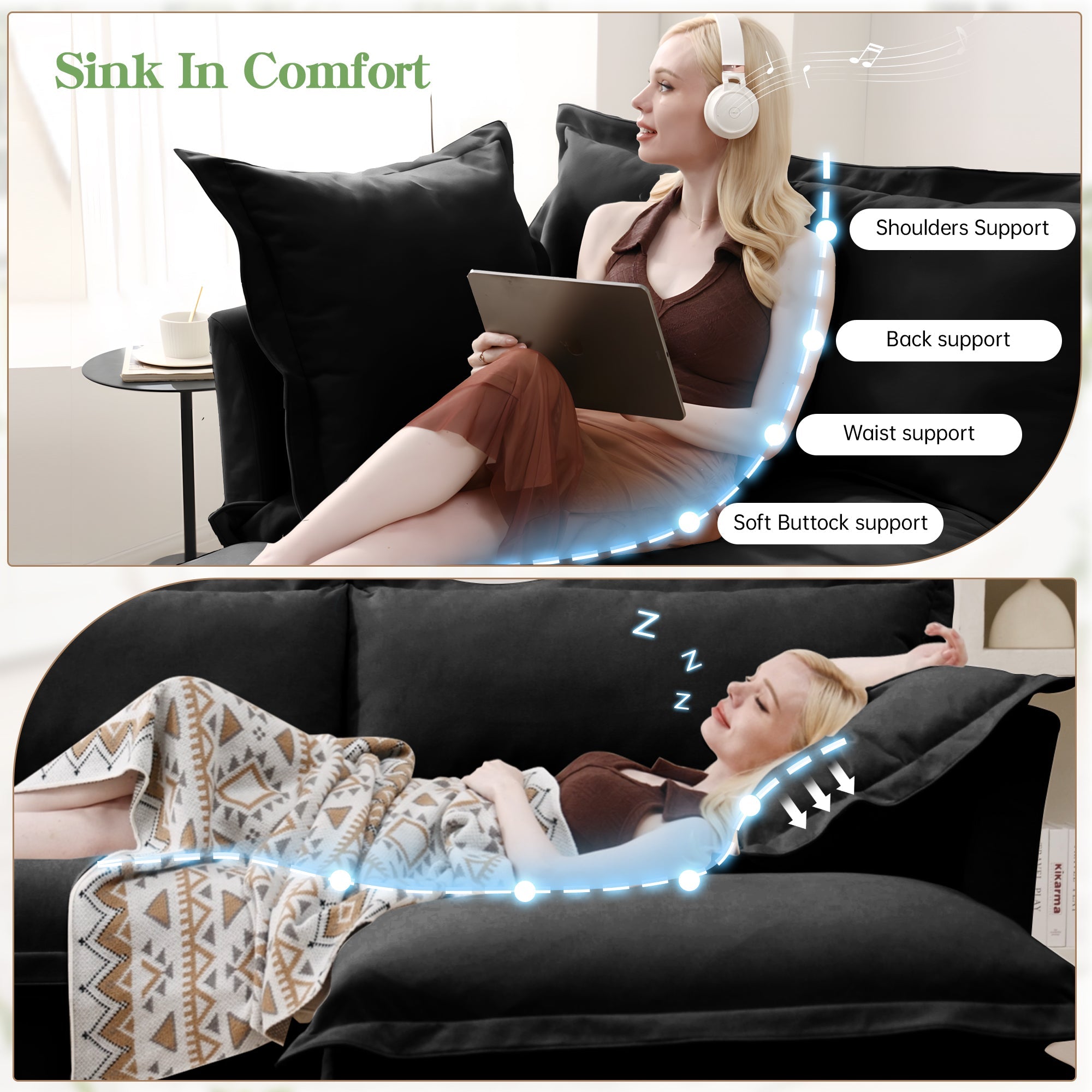 Walker Edison | Canapé deux places noir à assise large et profonde, déhoussable, avec pouf 