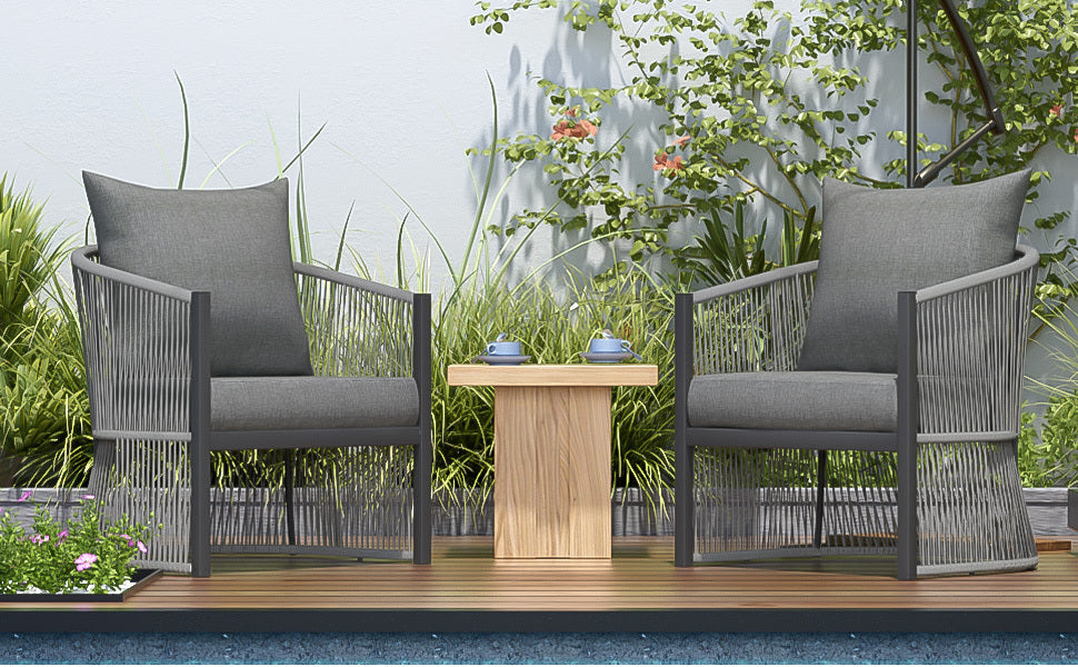 Walker Edison | Ensemble de 2 chaises d'extérieur incurvées élégantes en corde tressée grise