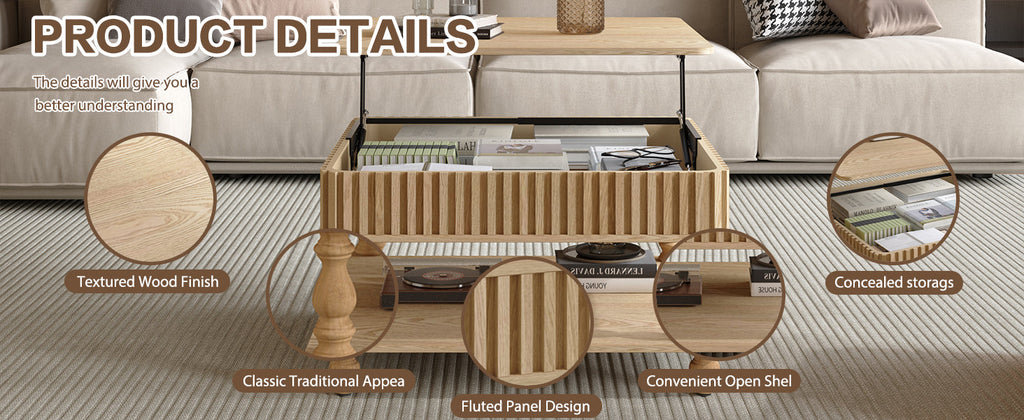 Walker Edison | Table basse traditionnelle cannelée à plateau relevable