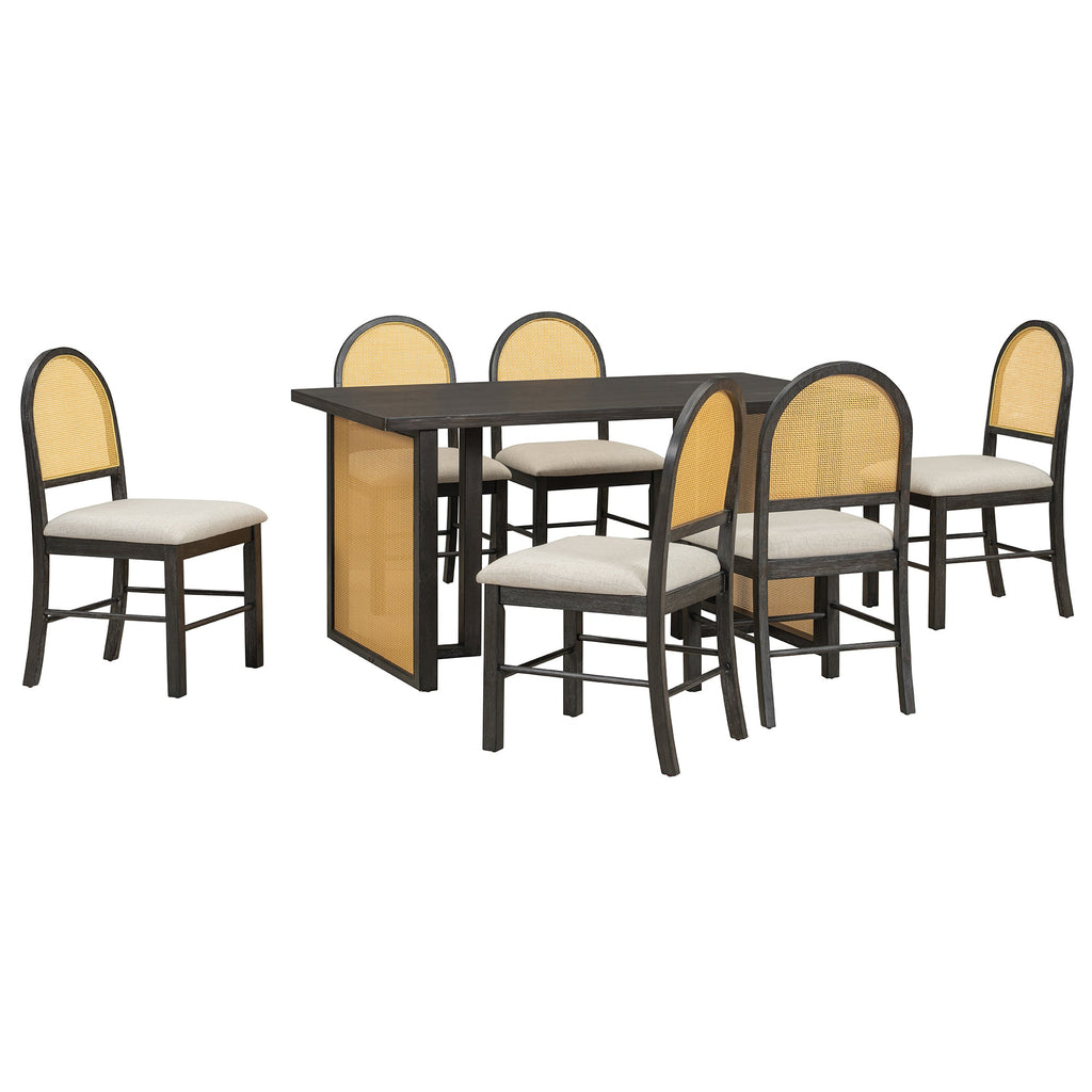 Ensemble de table et chaises de style campagnard en rotin bohème 7 pièces pour 6 personnes