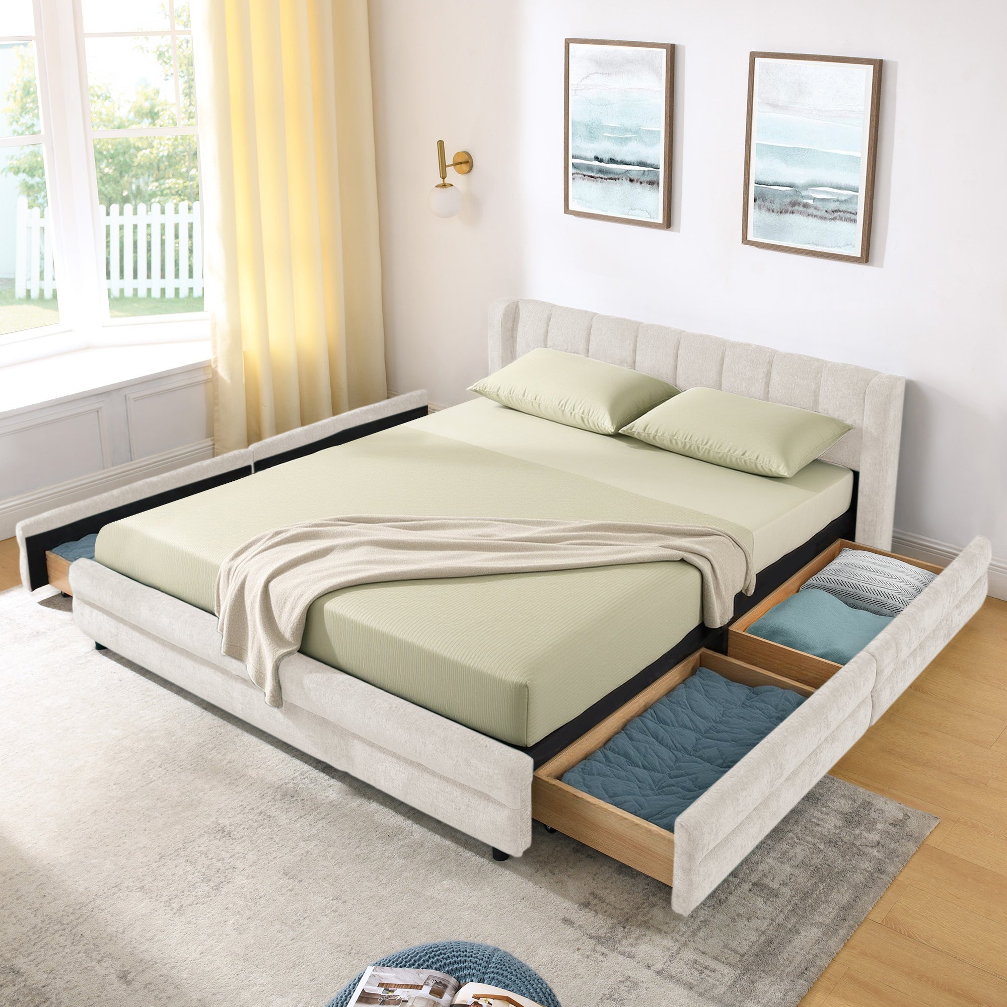 Cadre de lit rembourré en chenille, format queen, avec tiroirs 