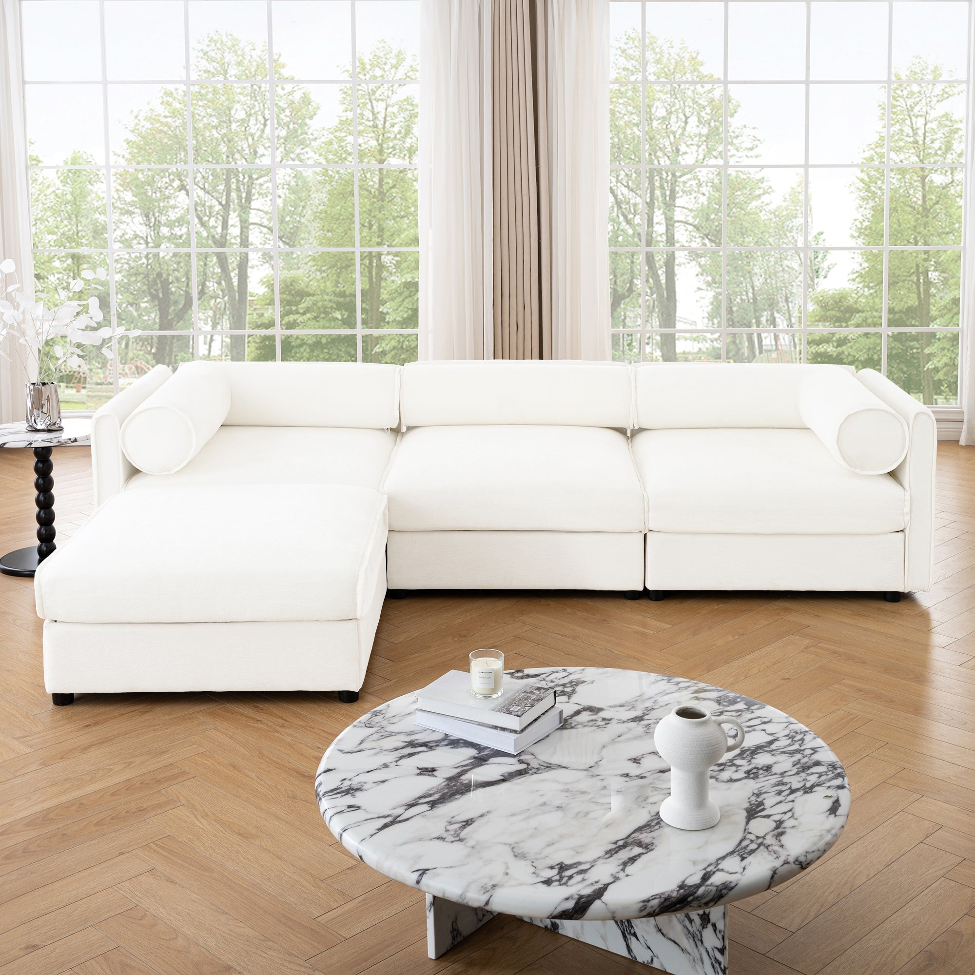Walker Edison | Canapé d'angle contemporain en chenille blanche avec rangement et pouf