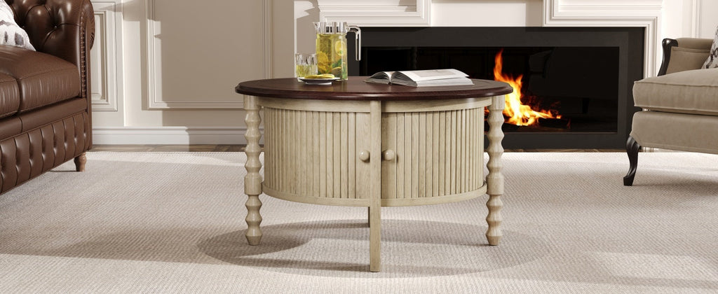 Table basse ronde de style traditionnel de 77 cm avec porte coulissante de rangement