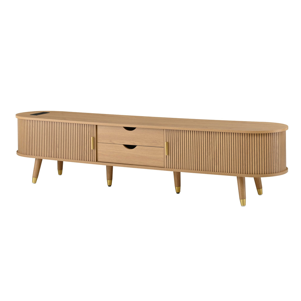 Ensemble de meuble TV et table basse ovales en teck cannelé, design incurvé, 3 pièces, pour téléviseurs jusqu'à 80 pouces. 