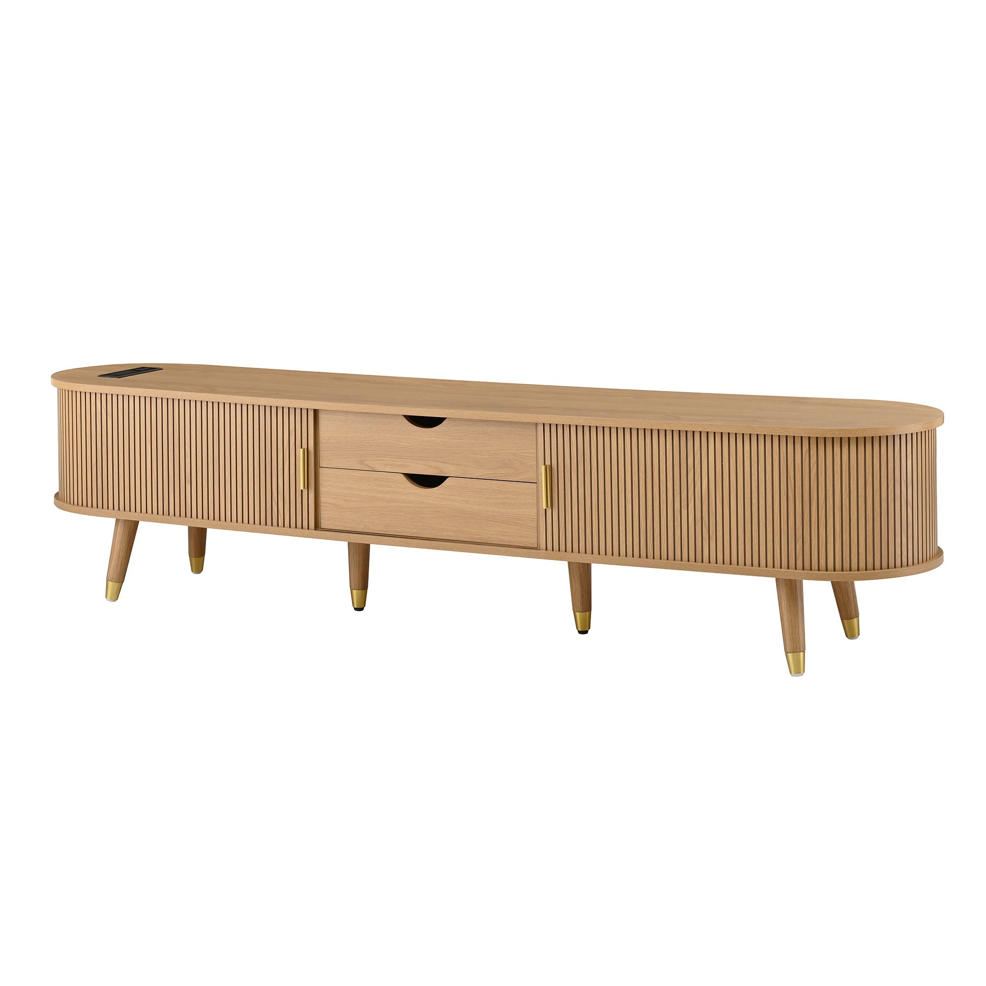Ensemble de meuble TV et table basse ovales en teck cannelé, design incurvé, 3 pièces, pour téléviseurs jusqu'à 80 pouces. 
