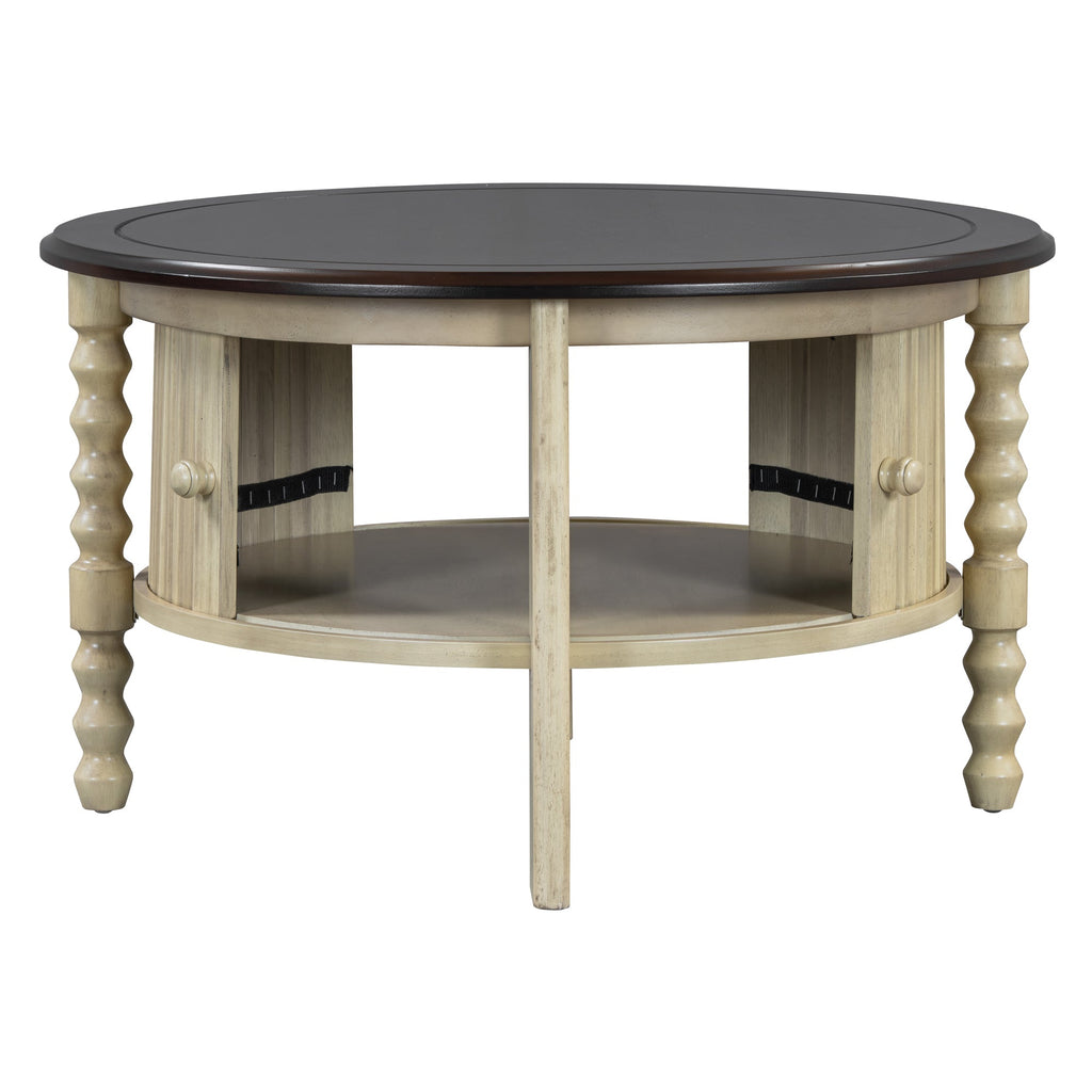 Table basse ronde de style traditionnel de 77 cm avec porte coulissante de rangement