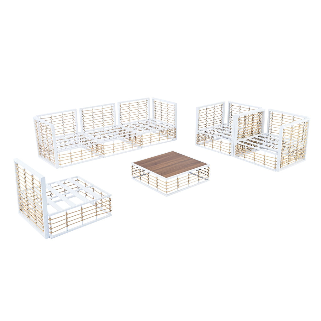 Ensemble de canapés d'angle d'extérieur Walker Edison | Blanc, moderne et minimaliste, 7 pièces, en métal.