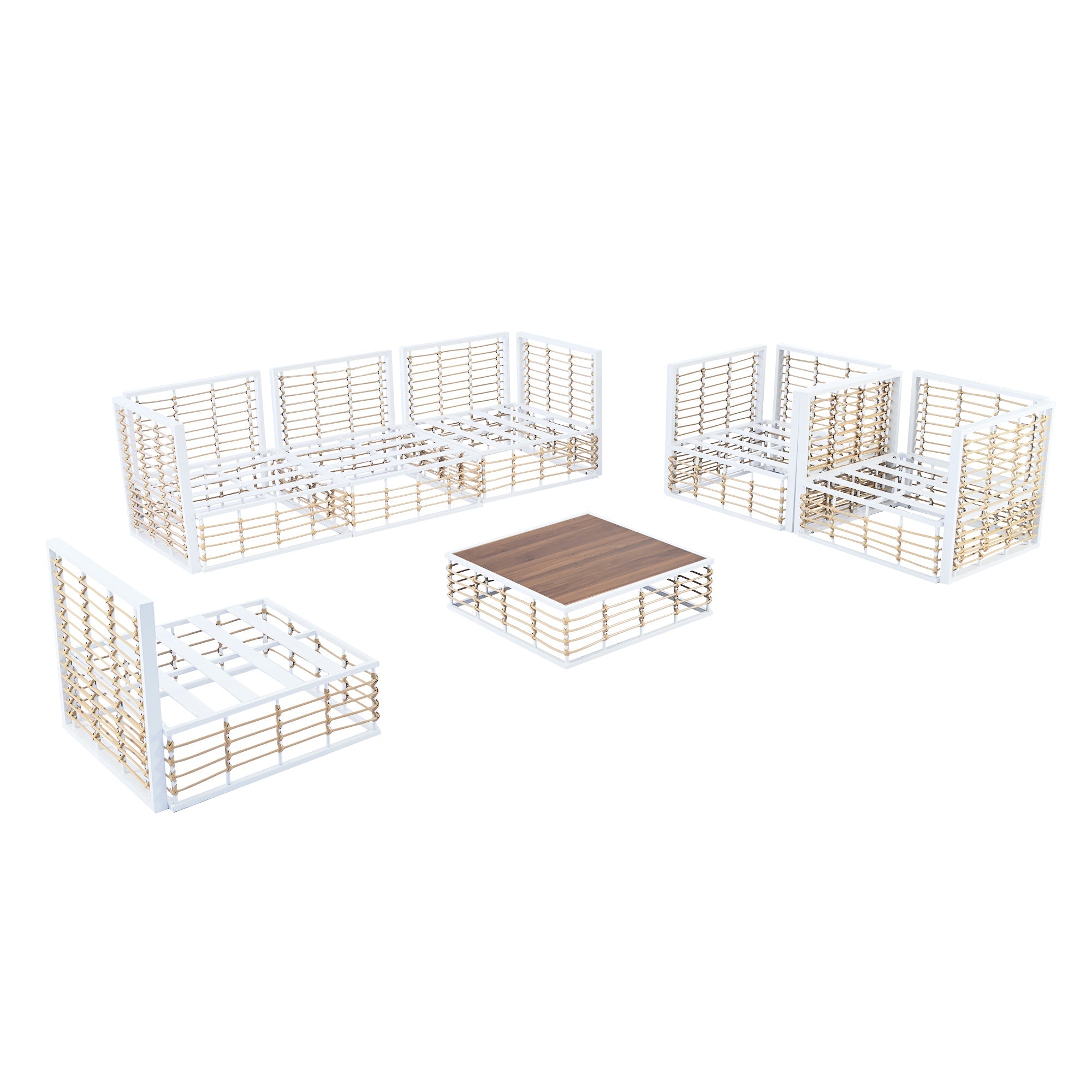 Ensemble de canapés d'angle d'extérieur Walker Edison | Blanc, moderne et minimaliste, 7 pièces, en métal.