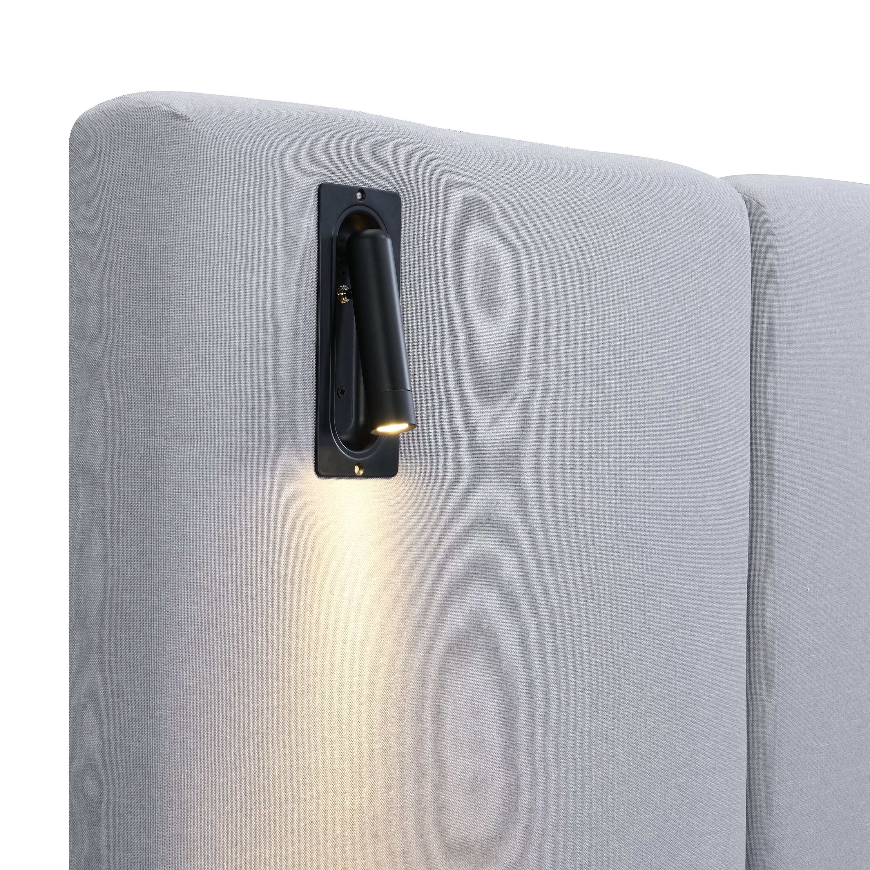 Cadre de lit contemporain King en lin recouvert de tissu avec éclairage et étagères 