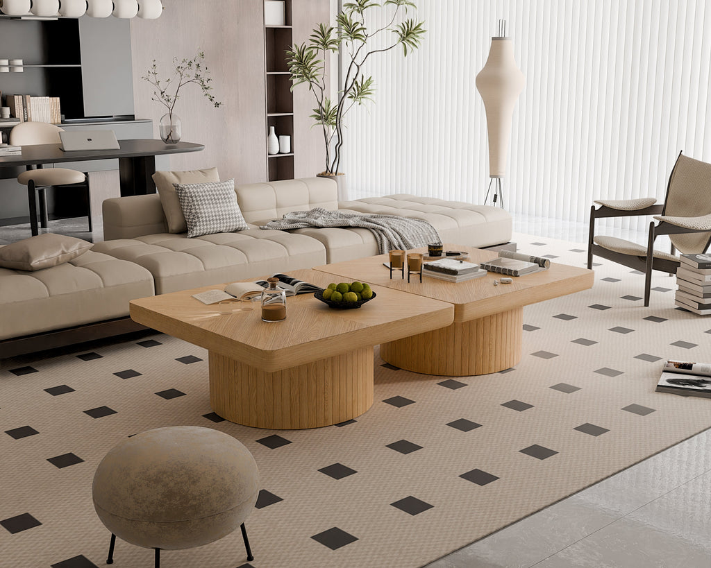 Table basse moderne en placage, 88 cm (34,6 po), piètement cylindrique cannelé carré