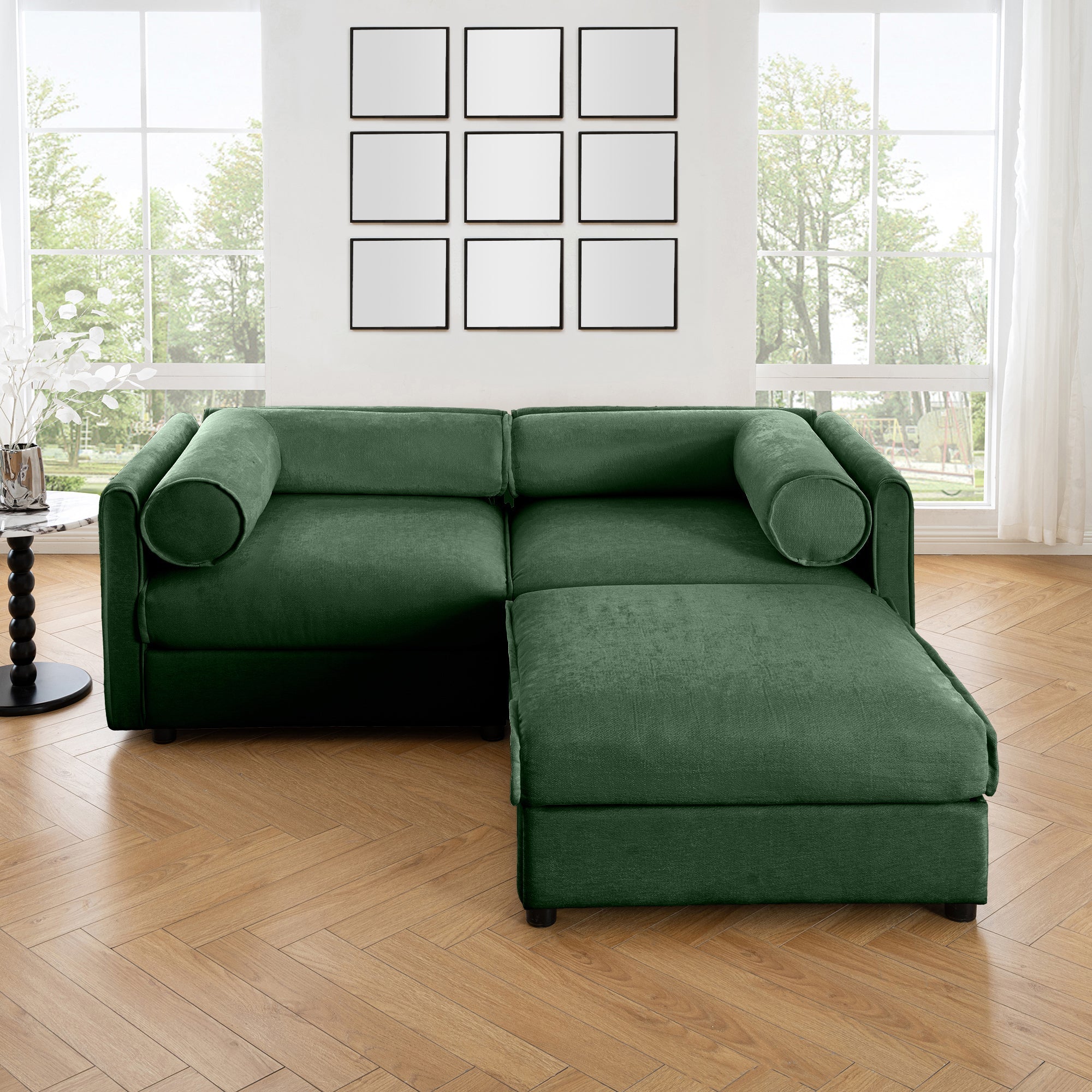 Walker Edison | Canapé 2 places moderne en chenille verte avec pouf de rangement