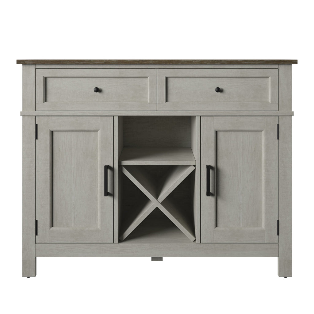 Buffet de style campagnard avec étagères à vin et rangement pour verres à pied