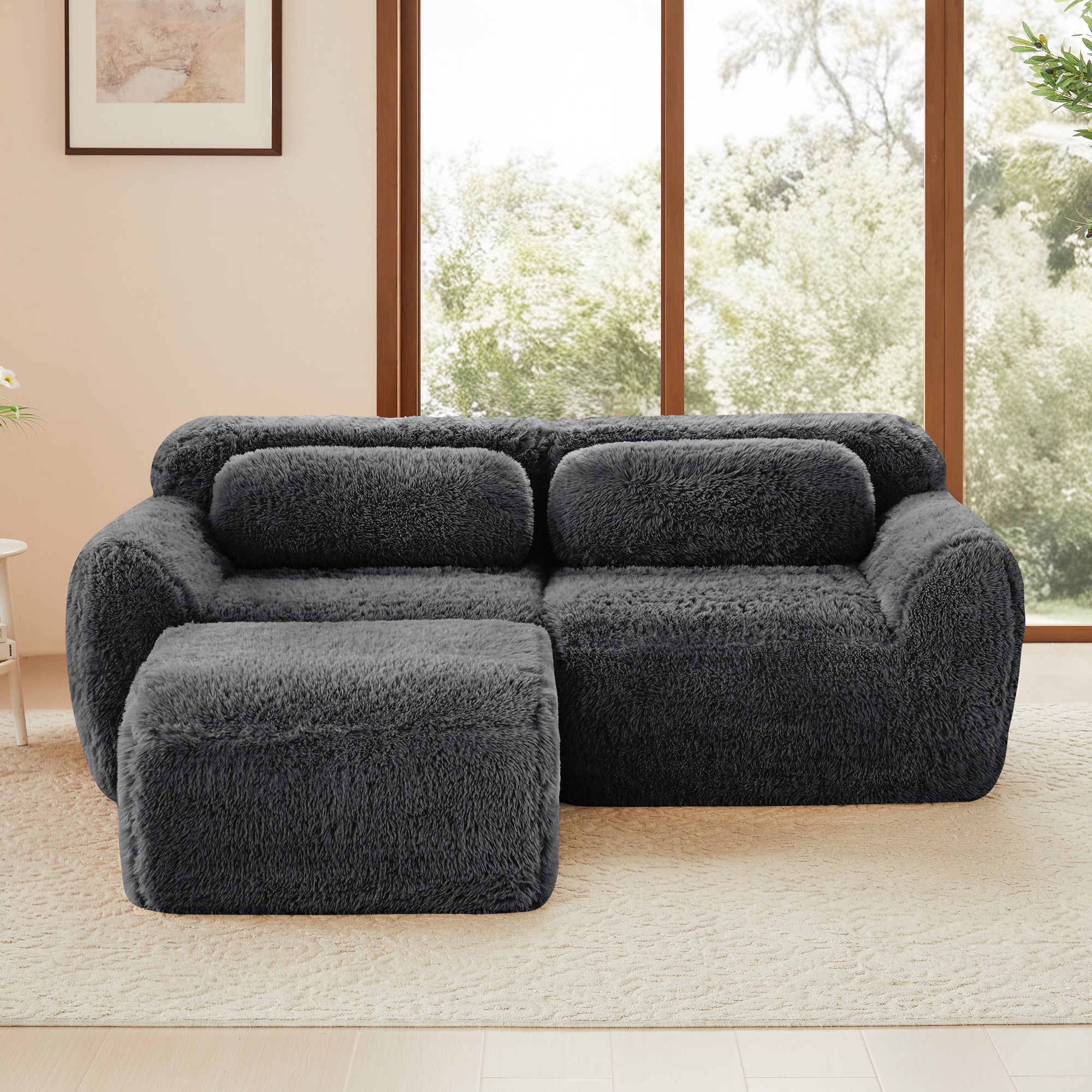 Canapé d'angle deux places ergonomique en peluche douce avec pouf