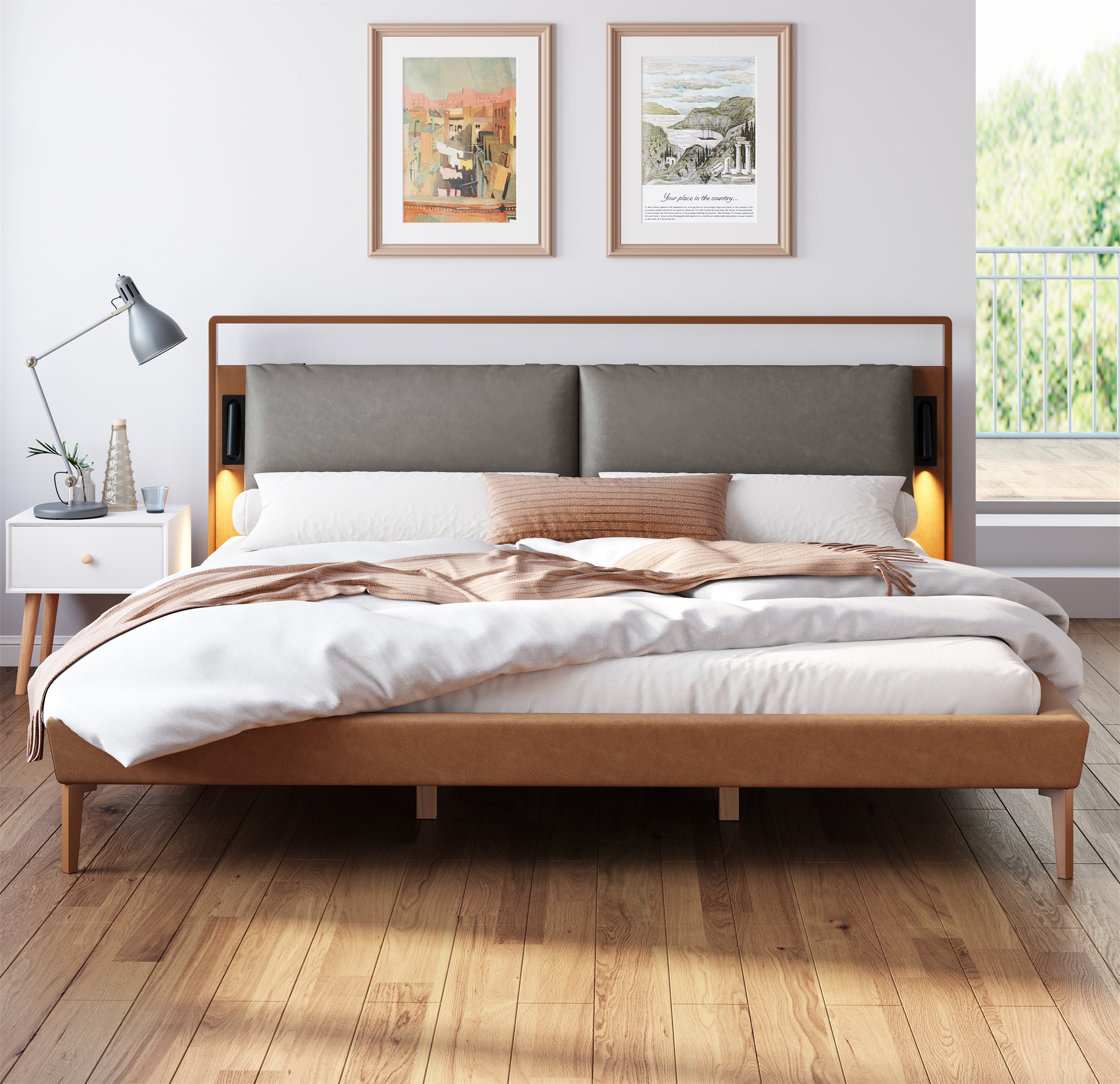 Cadre de lit king size recouvert de similicuir avec veilleuses 