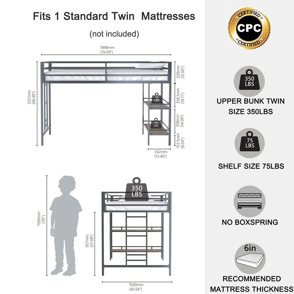 Walker Edison | Lit superposé mezzanine junior robuste noir avec étagère en bois