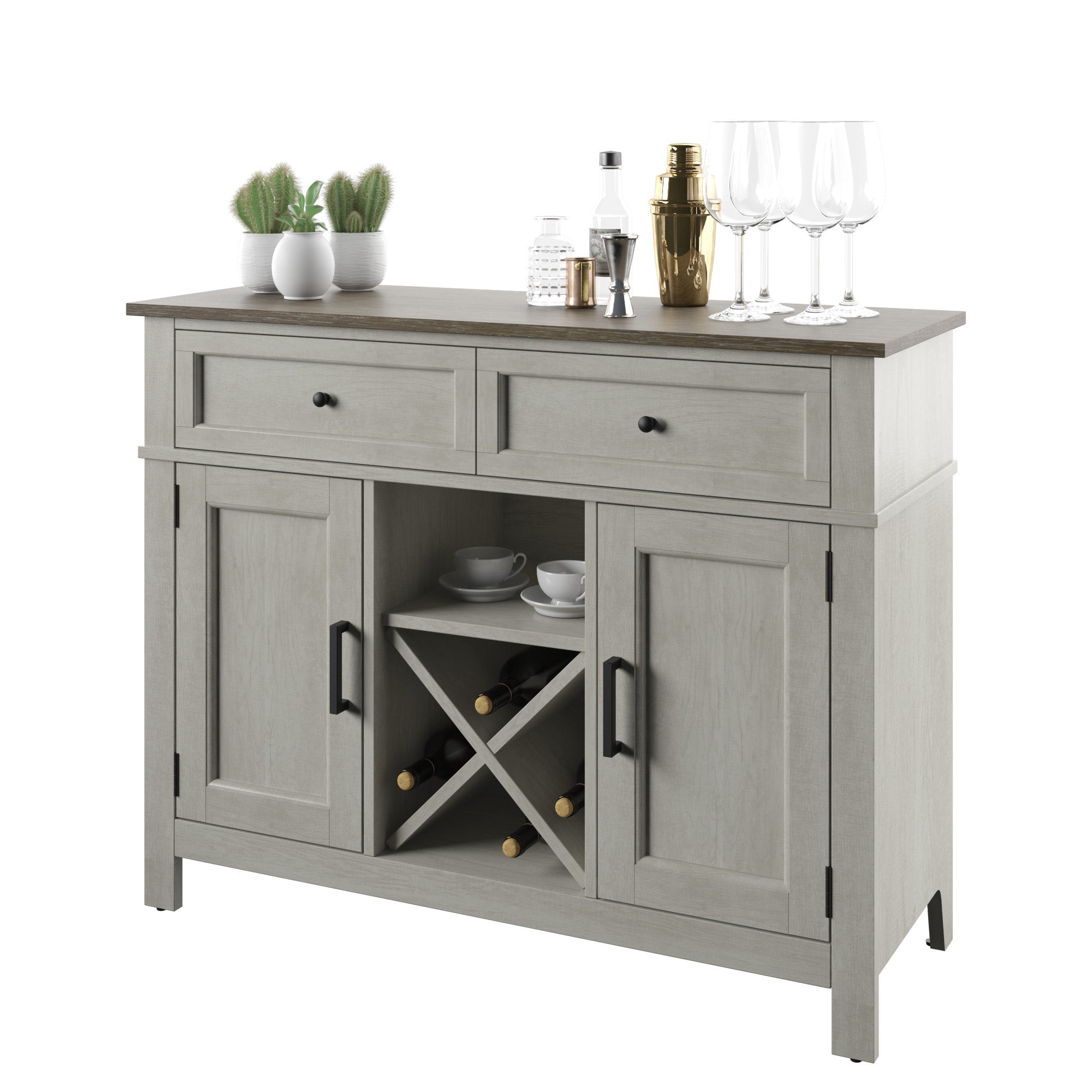 Buffet de style campagnard avec étagères à vin et rangement pour verres à pied