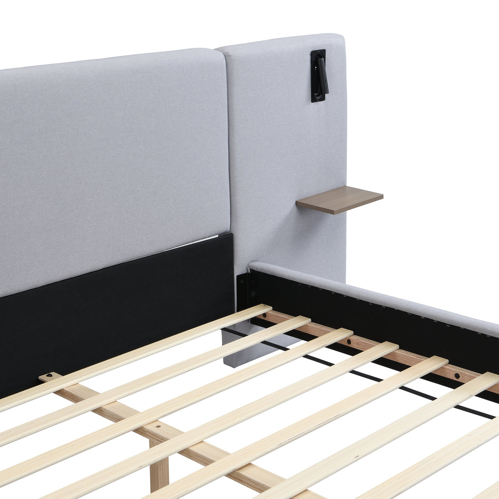 Cadre de lit contemporain King en lin recouvert de tissu avec éclairage et étagères 