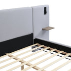 Cadre de lit contemporain King en lin recouvert de tissu avec éclairage et étagères 