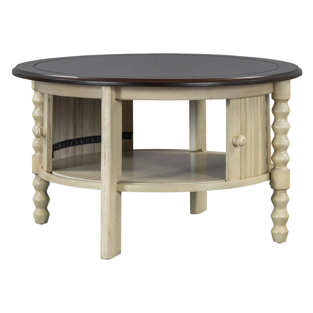 Table basse ronde de style traditionnel de 77 cm avec porte coulissante de rangement