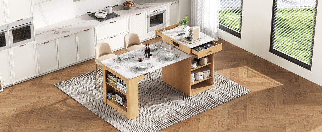 Îlot de cuisine de 181 cm avec table à manger extensible, nombreux rangements et prise électrique