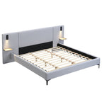 Cadre de lit contemporain King en lin recouvert de tissu avec éclairage et étagères 