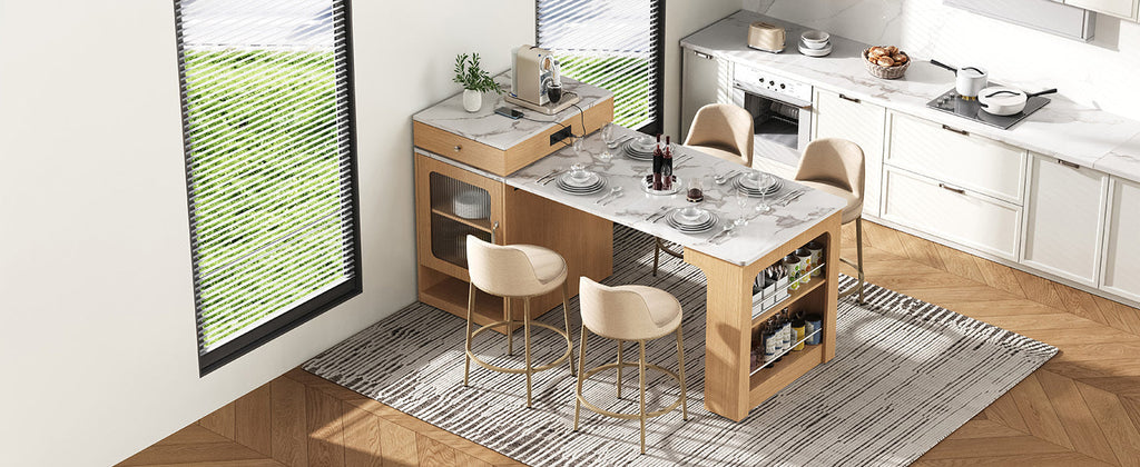 Îlot de cuisine de 181 cm avec table à manger extensible, nombreux rangements et prise électrique