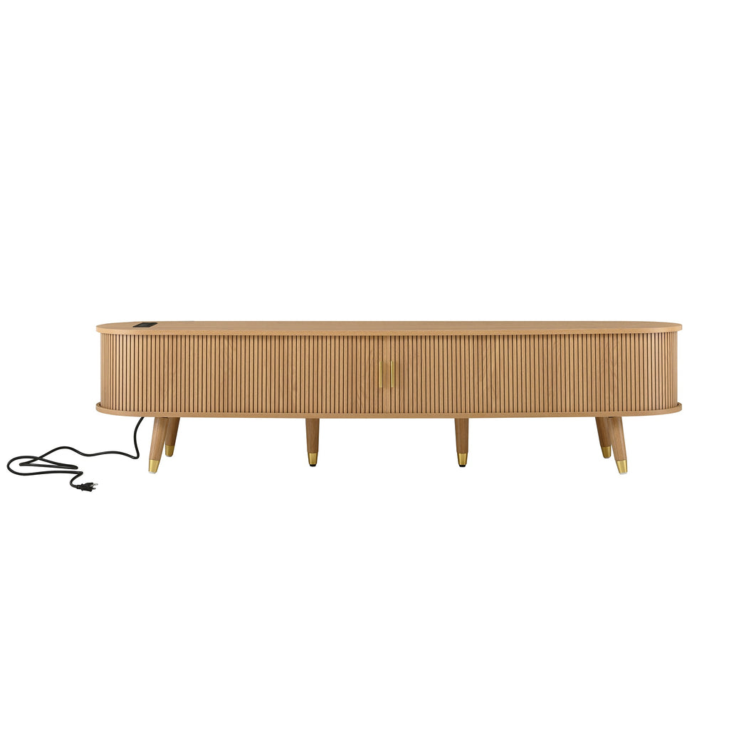 Ensemble de meuble TV et table basse ovales en teck cannelé, design incurvé, 3 pièces, pour téléviseurs jusqu'à 80 pouces. 
