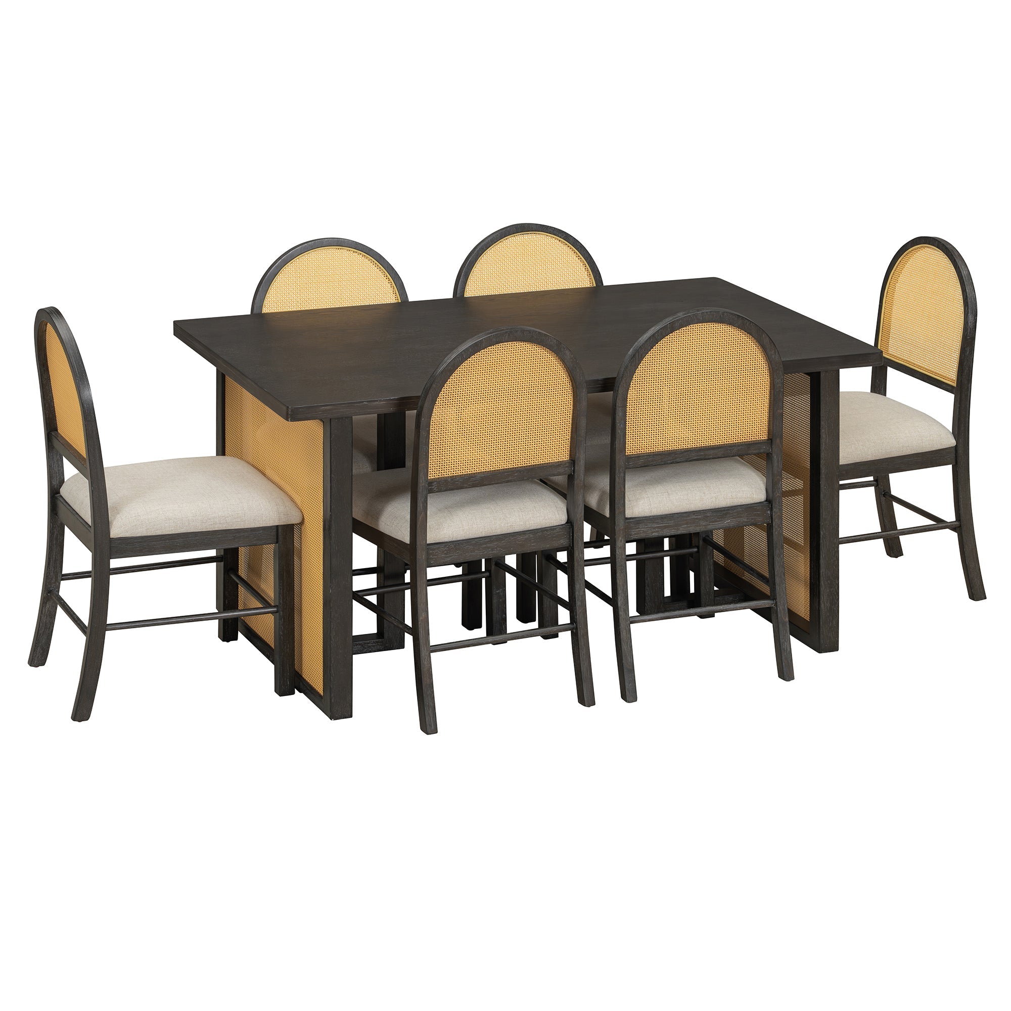 Ensemble de table et chaises de style campagnard en rotin bohème 7 pièces pour 6 personnes