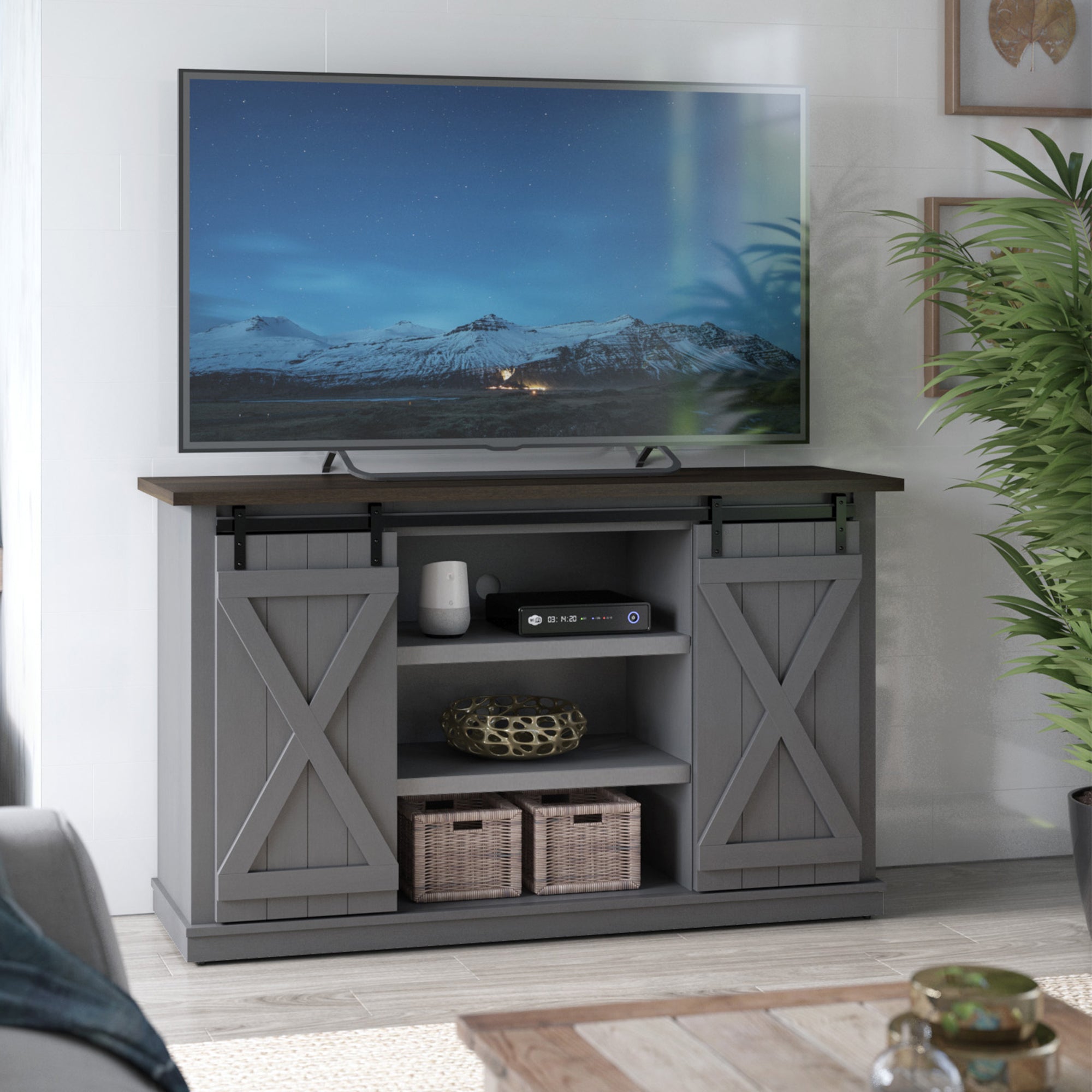 Portes coulissantes de style grange, meuble TV en peuplier de 137 cm, console multimédia