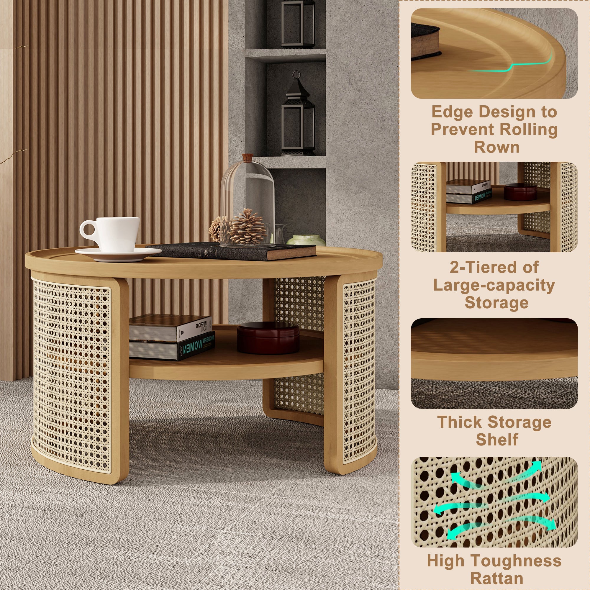 Walker Edison | Table basse ronde à plusieurs niveaux en rotin avec rangement