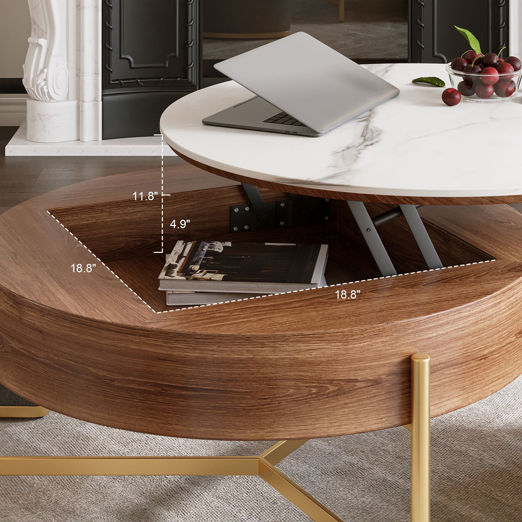 Walker Edison | Table basse ronde moderne à plateau relevable avec rangement et poufs gigognes 