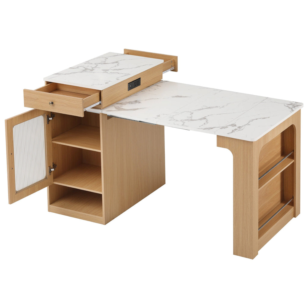 Îlot de cuisine de 181 cm avec table à manger extensible, nombreux rangements et prise électrique