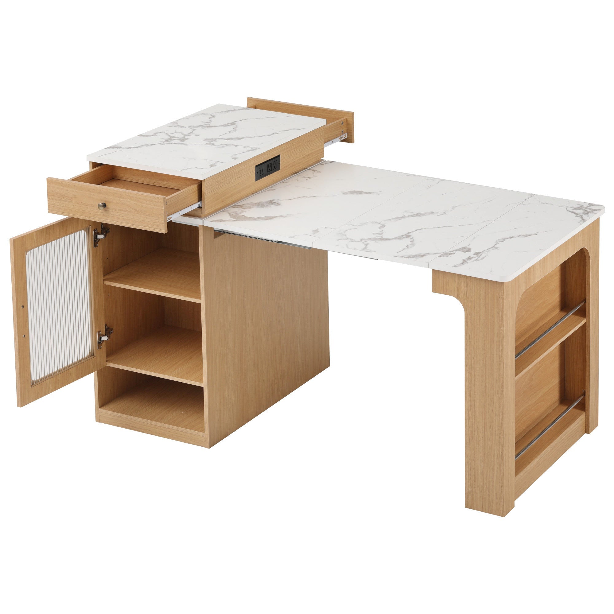 Îlot de cuisine de 181 cm avec table à manger extensible, nombreux rangements et prise électrique