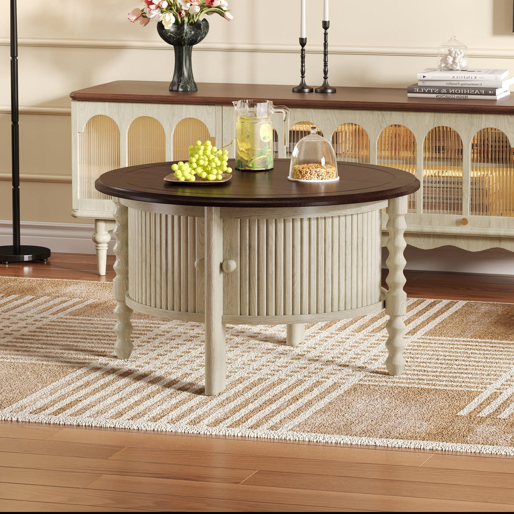 Table basse ronde de style traditionnel de 77 cm avec porte coulissante de rangement