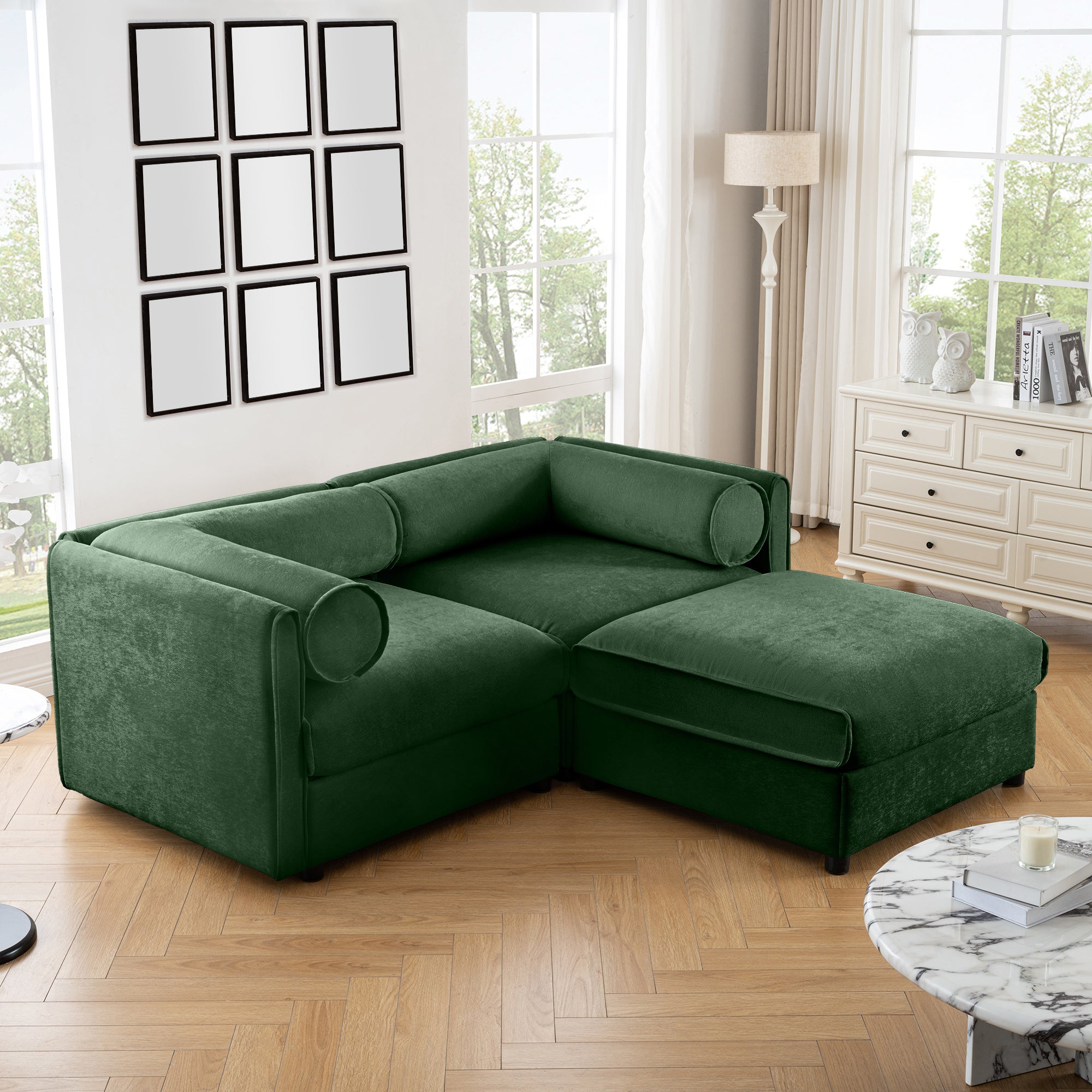 Walker Edison | Canapé 2 places moderne en chenille verte avec pouf de rangement