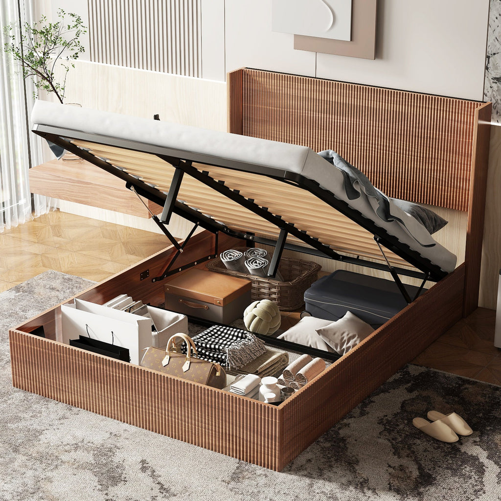 Walker Edison | Cadre de lit Queen moderne rainuré et ondulé avec rangement intégré 