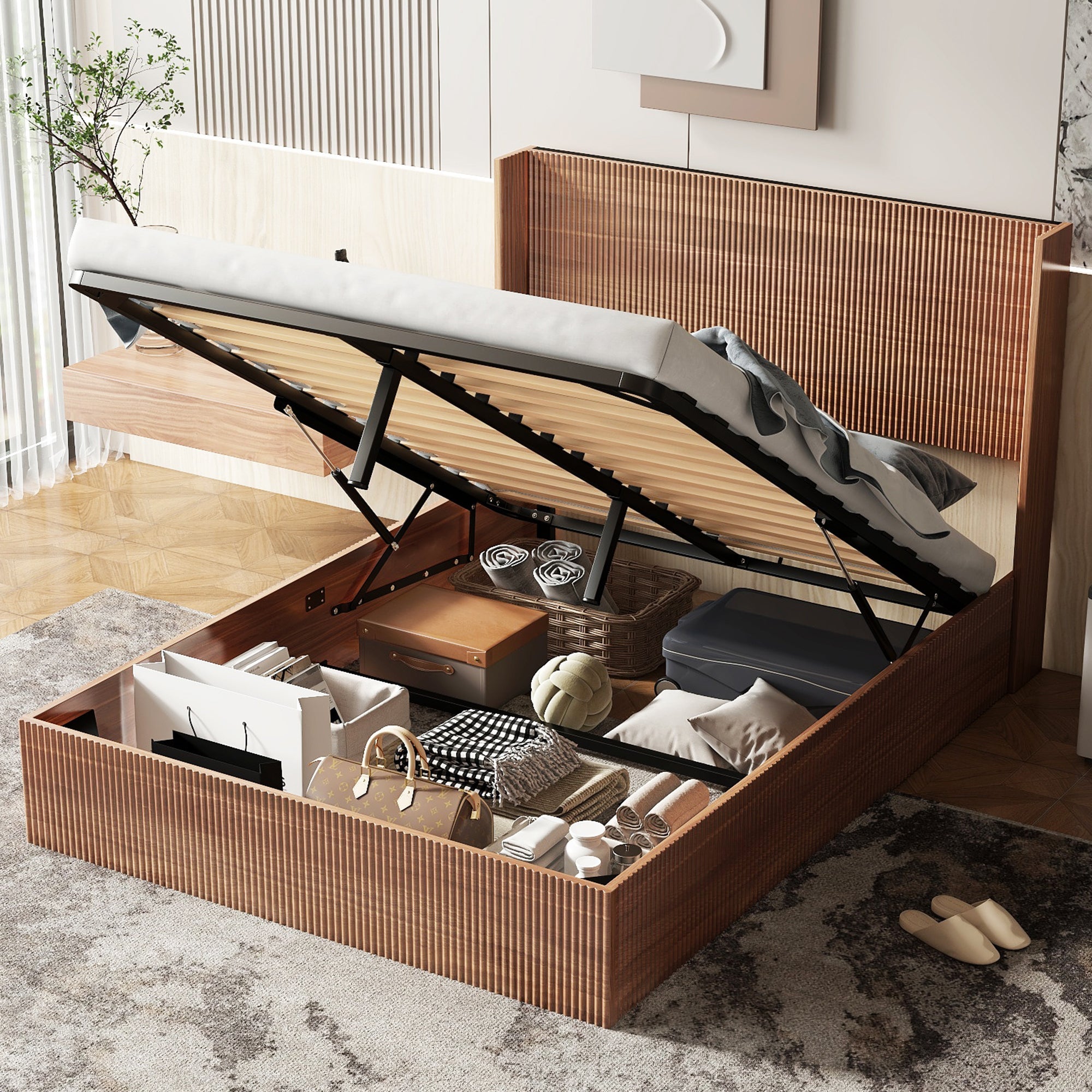 Walker Edison | Cadre de lit Queen moderne rainuré et ondulé avec rangement intégré 